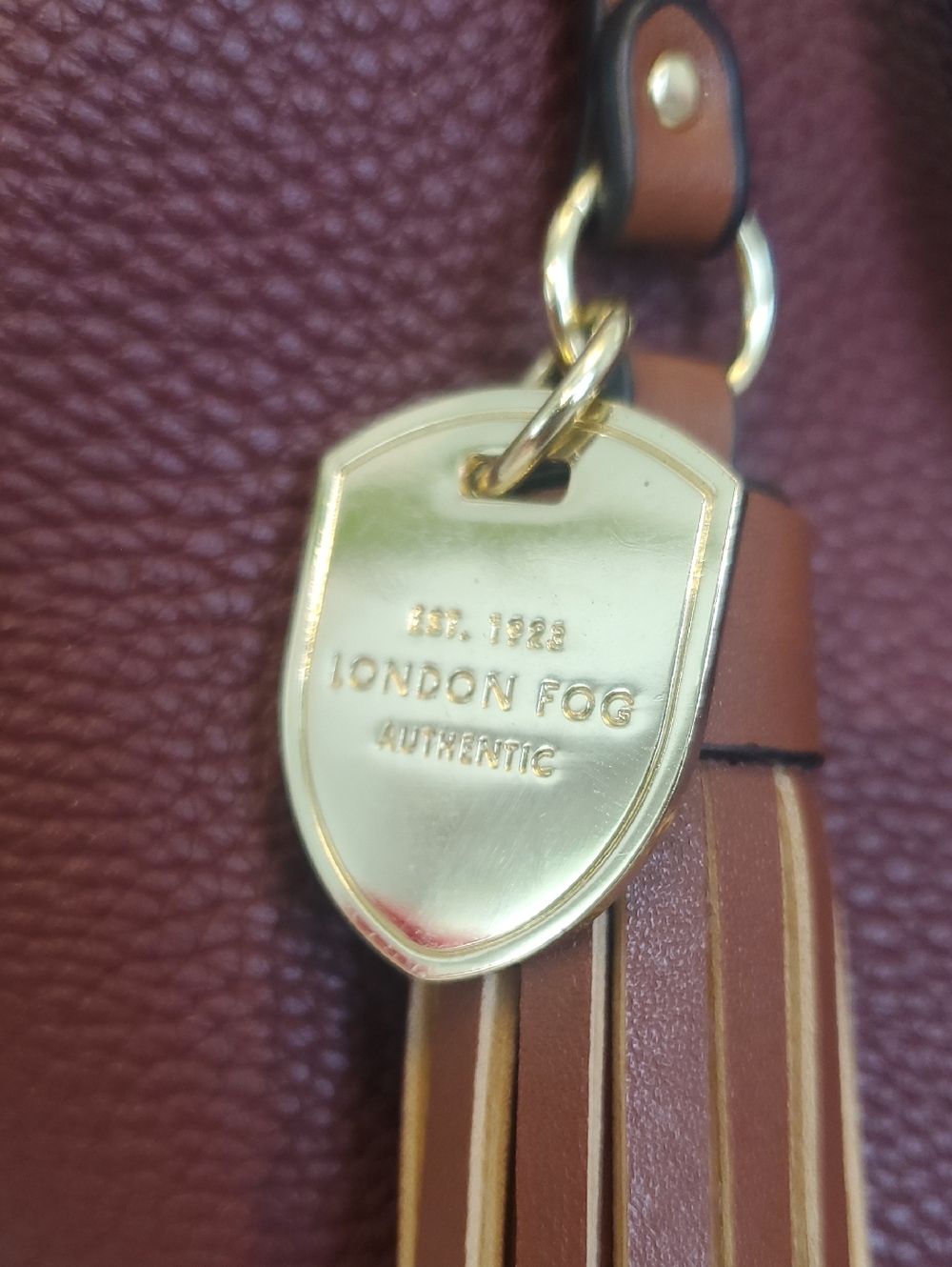 London Fog Burgundy Shoulder Bag with Tan Strap and Tassel - Picture 2 of 5